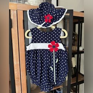 Hartstrings polka dots appliqué bubble romper hat set navy baby girl toddler VTG